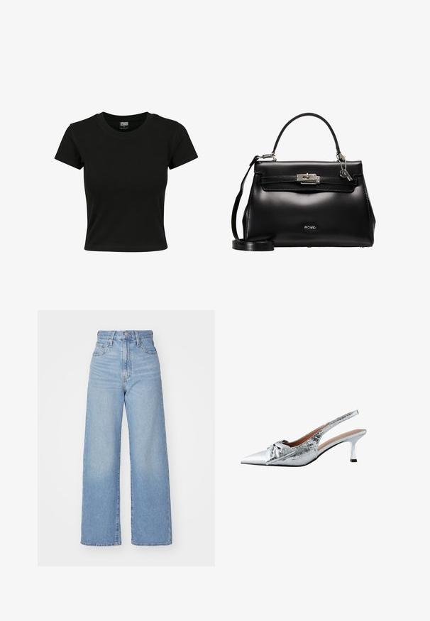 Black short-sleeve t-shirt made of smooth cotton material, featuring a round neckline and a fitted shape. No visible patterns or accents.; Light blue high-waist wide-leg jeans with front button and zip closure, front and back pockets, on a white background.; Silver slingback heels with a pointed toe, textured metallic finish, and a decorative bow accent. Features a slender kitten heel.; Black leather handbag with a structured design, top handle, detachable shoulder strap, and a silver-tone clasp. Features a subtly embossed logo.