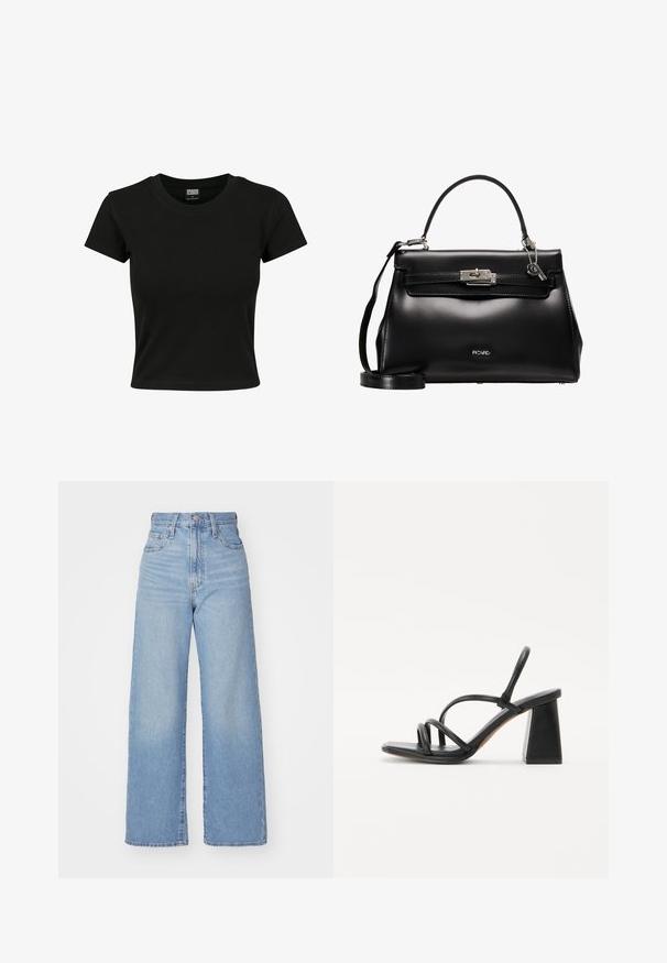 Schwarzes Kurzarm-T-Shirt aus glattem Baumwollmaterial mit rundem Halsausschnitt und taillierter Form. Keine sichtbaren Muster oder Akzente.; Hellblaue High-Waist-Weite-Leg-Jeans mit Knopf- und Reißverschluss vorne, Vorder- und Rückentaschen, auf weißem Hintergrund.; Schwarze High-Heelsandalette mit quadratischem, klobigem Absatz, ausgestattet mit mehreren dünnen Riemen über dem Fuß und einem offenen Rückendesign. Glatte Lederoberfläche.; Schwarze Lederhandtasche mit strukturierter Form, Obergriff, abnehmbarer Schulterriemen und einem silberfarbenen Verschluss. Verfügt über ein dezent geprägtes Logo.