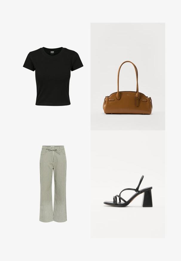 Črna kratka majica s kratkimi rokavi, izdelana iz gladkega bombažnega materiala, z okroglim izrezom in oprijetim krojem. Brez vidnih vzorcev ali dodatkov.; Pruščične široke hlače v zeleni in beli barvi, z pasom, dvema sprednjima žepoma in mehkobno teksturo tkanine.; Črne sandale s peto v obliki kvadrata, s široko peto in več tanjšimi trakovi čez stopalo ter odprtim dizajnom hrbta. Gladka usnjena tekstura.; Torbica iz tan usnja z gladko teksturo, zaobljeno obliko, dvema ročajema in dekorativno oznako. Ima subtilne šive in poenostavljen dizajn.