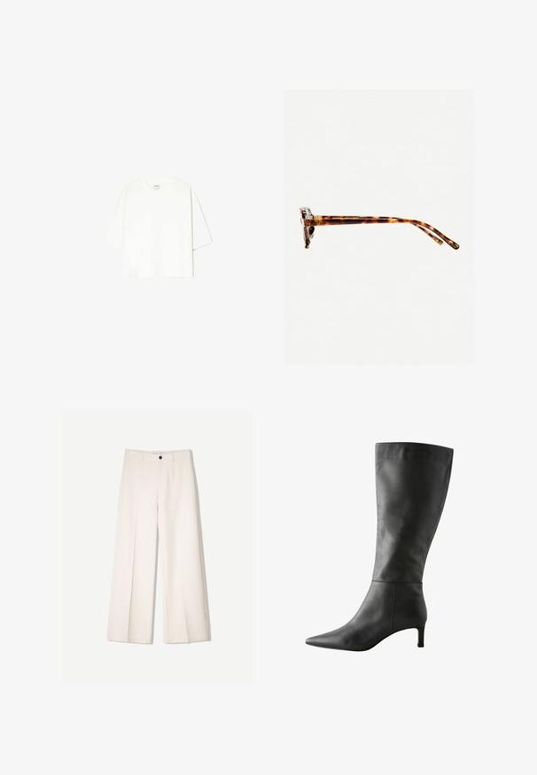 Valkoinen lyhythihainen T-paita, joka on valmistettu puuvillasta. Ominaisuuksia ovat pyöreä pääntie ja rento istuvuus. Sileä, kuvioimaton ja ilman näkyviä yksityiskohtia.; Kerman leveletut housut räätälöidyllä designilla, joissa on kaksi etutaskua ja yksi etunapituksilla, valmistettu sileästä kankaasta.; Mustat nahkasaappaat polven korkeudelle, joissa on terävä kärki, sileä pinta ja matala, vakaa korko. Ominaisuuksina hoikka, istuva muotoilu.; Kivimäisd värvi päikeseprillid paksu raamiga, kergelt kõverate templitega ja siledast tekstuurist. Omab klassikalist disaini läikiva viimistlusega.