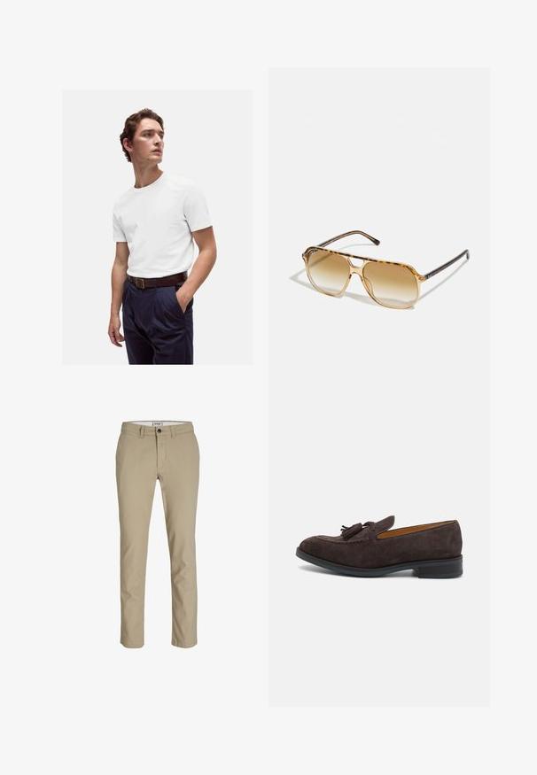 Bílý bavlněný tričko s kulatým výstřihem nošené s námořnickými plisovanými kalhotami a hnědým koženým páskem se zlatou sponou.; Béžové bavlněné kalhoty slim fit s předním zipem, knoflíkovým zapínáním a čtyřmi kapsami. Hladká textura, bez vzorů nebo akcentů.; Paul Smith LAWSON - Polobotky - brown; Kočičí brýle v želvovinovém stylu s obdélníkovým rámem, hnědými gradientovými skly a elegantními černými nohami s jemnými logovými detaily.