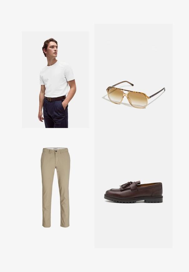 Witte katoenen t-shirt met ronde hals, gedragen met marineblauwe geplooide broek en een bruine leren riem met een gouden gesp.; Beige katoenen broek met een slim fit, voorzien van een ritssluiting aan de voorkant, knoopsluiting en vier zakken. Gladde textuur, zonder patronen of accenten.; Zign Zakelijke loafers - brown; Schildpad zonnebril met een rechthoekig montuur, bruin vervagende lenzen en slanke zwarte pootjes met subtiele logo-accenten.
