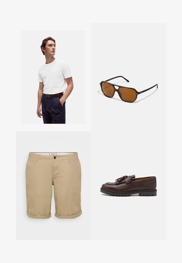 White cotton t-shirt with a round neckline worn with navy pleated trousers and a brown leather belt featuring a gold buckle.; Light khaki shorts with a straight cut, made of cotton. Features a single front button, side pockets, and rolled-up hems.; Zign Smart slip-ons - brown; Tortoiseshell sunglasses with brown lenses, rectangular shape, and metal accents on the frame. Sleek design with thin arms.