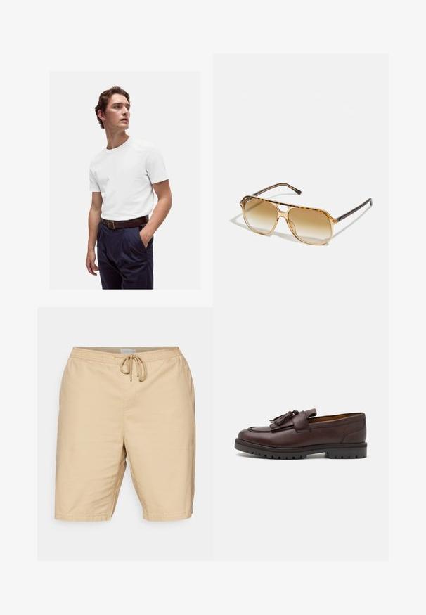 White cotton t-shirt with a round neckline worn with navy pleated trousers and a brown leather belt featuring a gold buckle.; Light beige shorts made of fabric with a smooth texture, featuring an elastic waistband and drawstring, and side pockets.; Zign Smart slip-ons - brown; Tortoiseshell sunglasses with a rectangular frame, brown gradient lenses, and sleek black temples featuring subtle logo accents.