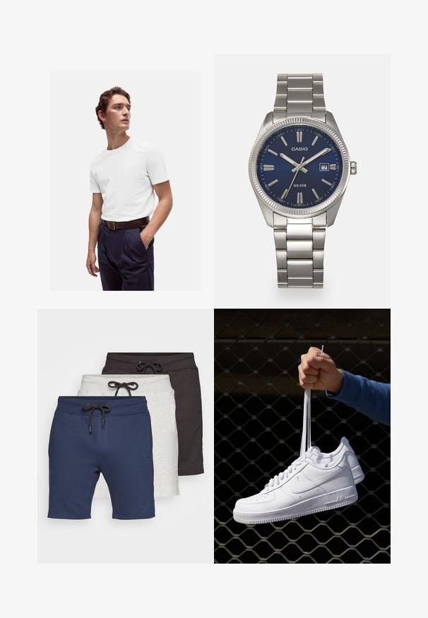 Hvid bomulds T-shirt med rund halsudskæring, båret med marineblå plisserede bukser og et brunt læderbælte med en guldbuckle.; Sæt af tre par shorts: marineblå, lysegrå og mørkegrå. Lavet af blødt stof med elastiske taljebånd og snore.; Hvide lædersneakers med perforeringer, rund tå, flad sål og tykke snørebånd, med et synligt swoosh-logo og "AIR" på hælen.; Sølv rustfrit stål urrem med en marineblå urskive, metallic timemarkører og et datovindue kl. 3. Vandafvisende op til 50 meter.