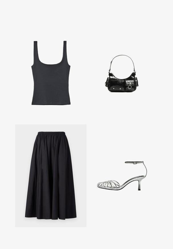 Débardeur noir en mélange de coton doux, avec un col rond et des bretelles larges, au design ajusté et sans motifs visibles.; Jupe longue noire à taille élastique, fabriquée en tissu lisse avec une silhouette ample et fluide. Aucun motif ni élément matériel visible.; Sandale argentée à lanières avec un petit talon, comportant plusieurs lanières croisées, une lanière de cheville avec une boucle, et une texture lisse et brillante.; Sac à main en cuir verni noir avec une forme incurvée, une bandoulière, des poches avant et des accents en métal argenté.
