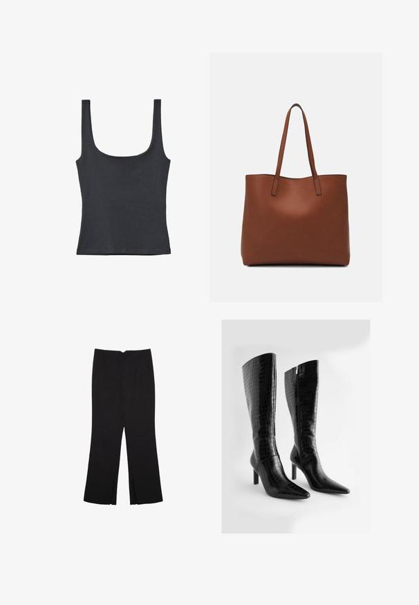 Černý tílko vyrobené z jemné směsi bavlny, s kulatým výstřihem a širokými ramínky, s přiléhavým střihem a bez viditelných vzorů.; Černé kalhoty s rovným střihem, s předními kapsami a bočními rozparky na lemu. Vyrobené z jemné, hladké tkaniny. Vhodné na různé příležitosti.; Knee-high černé kožené boty z umělé kůže s krokodýlí texturou, špičatou špičkou a úzkým vysokým podpatkem; mají boční zip.; Hnědá kožená taška přes rameno s hladkou texturou, otevřeným designem a dvěma ramenními popruhy. Obsahuje minimální švy a žádné viditelné kovové prvky.
