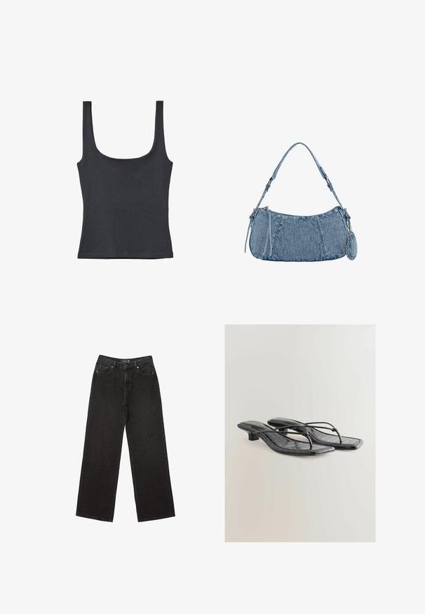 Black tank top made from a soft cotton blend, featuring a scoop neckline and wide straps, with a fitted design and no visible patterns.; Black wide-leg jeans made of denim, featuring small dotted patterns, classic five-pocket design, and a button and zip fly closure.; Black patent faux leather heeled sandals with a square toe, thin straps, and crocodile texture detailing. Low block heel design.; Denim handbag with a curved shape, light blue color, adjustable shoulder strap, and a small detachable pouch with metallic accents.