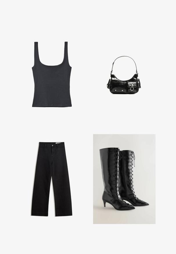 Black tank top made from a soft cotton blend, featuring a scoop neckline and wide straps, with a fitted design and no visible patterns.; Black wide-leg denim pants with a high waist, featuring front and back pockets, stitched seams, and a button closure. Smooth texture.; Black knee-high boots made of glossy leather with a pointed toe, featuring lace-up detailing along the sides and a kitten heel design.; Black patent leather handbag with a curved shape, one shoulder strap, front pockets, and silver-tone hardware accents.