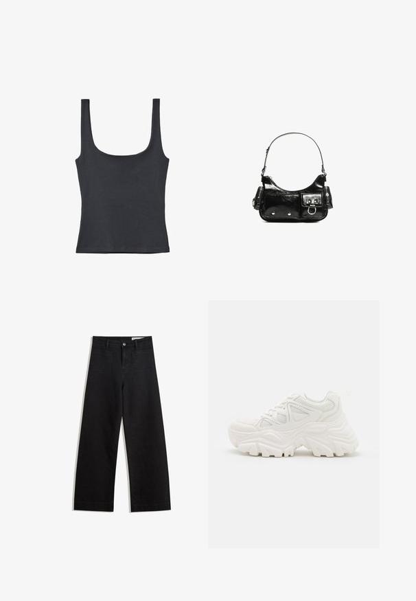 Crni majica bez rukava napravljena od mekog pamuka, s okruglim izrezom i širokim naramenicama, s prilagodljivim dizajnom i bez vidljivih uzoraka.; Crne široke traperice s visokim strukom, s prednjim i stražnjim džepovima, šivenim šavovima i kopčanjem na gumb. Glatka tekstura.; Bijele debele tenisice s teksturiranim gornjim dijelom, mrežastim panelima i debelim gumenim potplatima s istaknutim uzorkom. Uključene vezice i petna traka.; Crna patentna kožna torba s zakrivljenim oblikom, jednim remenom za rame, prednjim džepovima i akcentima od srebrnog tona.