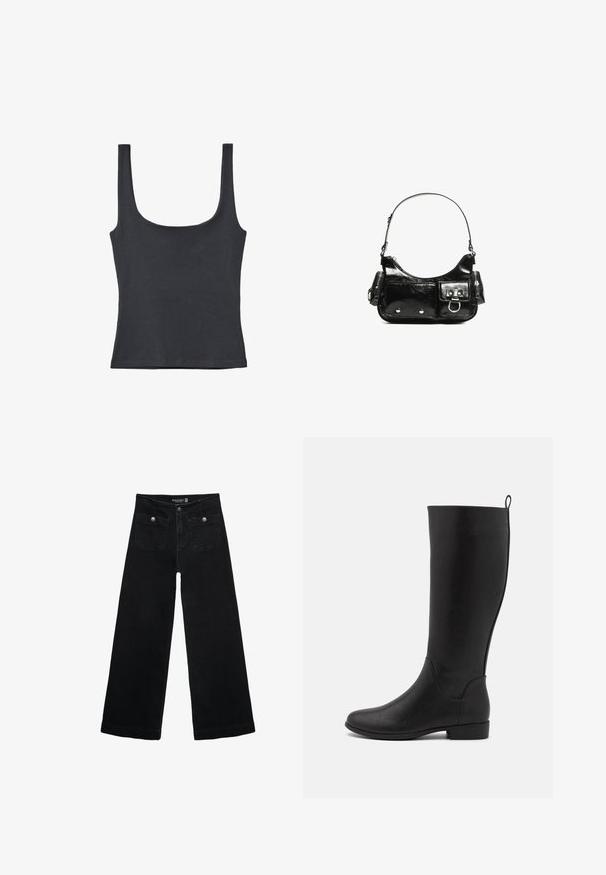 Black tank top made from a soft cotton blend, featuring a scoop neckline and wide straps, with a fitted design and no visible patterns.; Black wide-leg jeans with a high waist, featuring two front pockets and metal button accents. The fabric has a smooth texture.; Black knee-high boot made of smooth leather, with a rounded toe and small heel, featuring a pull tab at the back for easy wear.; Black patent leather handbag with a curved shape, one shoulder strap, front pockets, and silver-tone hardware accents.