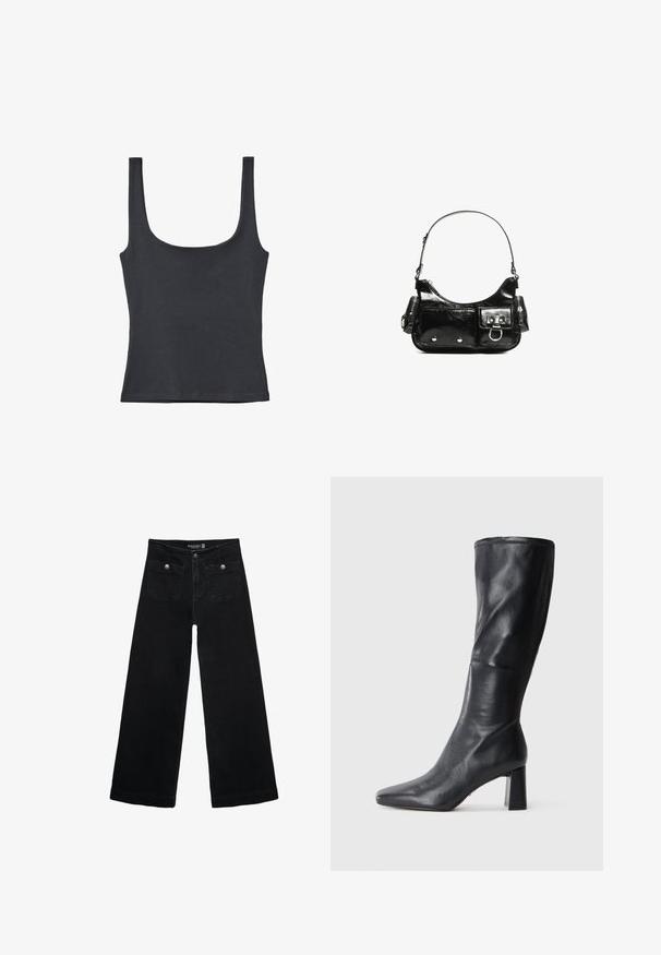 Černý tílko vyrobené z jemné směsi bavlny, s kulatým výstřihem a širokými ramínky, s přiléhavým střihem a bez viditelných vzorů.; Černé široké džíny s vysokým pasem, obsahující dvě přední kapsy a kovové knoflíkové detaily. Látka má hladkou texturu.; Černá kožená vysoká bota po kolena s špičatou špičkou a robustním podpatkem. Hladký povrch s elegantním designem a jemnými švy.; Černá lakovaná kožená kabelka s křivkovým tvarem, jedním ramenním popruhem, předními kapsami a stříbrnými kovovými detaily.