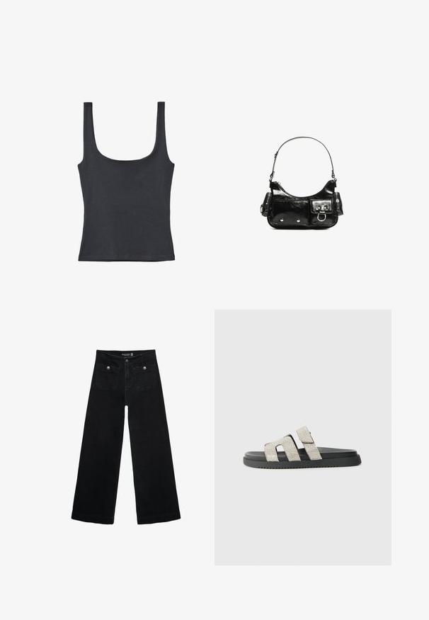 Črn top z naramnicami, izdelan iz mehkega bombažnega mešanice, z ovratnikom v obliki kroga in širokimi naramnicami, prilegajoče se zasnove brez vidnih vzorcev.; Črne široke kavbojke z visokim pasom, ki imajo dva sprednja žepa in kovinske gumbi. Tkanina ima gladko teksturo.; Črne pantofle z ravnim podplatom, opremljene z dvema navpičnima trakoma, ki sta okrašena s srebrnimi rhinestones. Imajo gumijasto teksturo in subtilen vzorec podplata.; Črna lakasta usnjena torbica s ukrivljeno obliko, enim ramenskim trakom, sprednjimi žepi in srebrnimi kovinskimi dodatki.