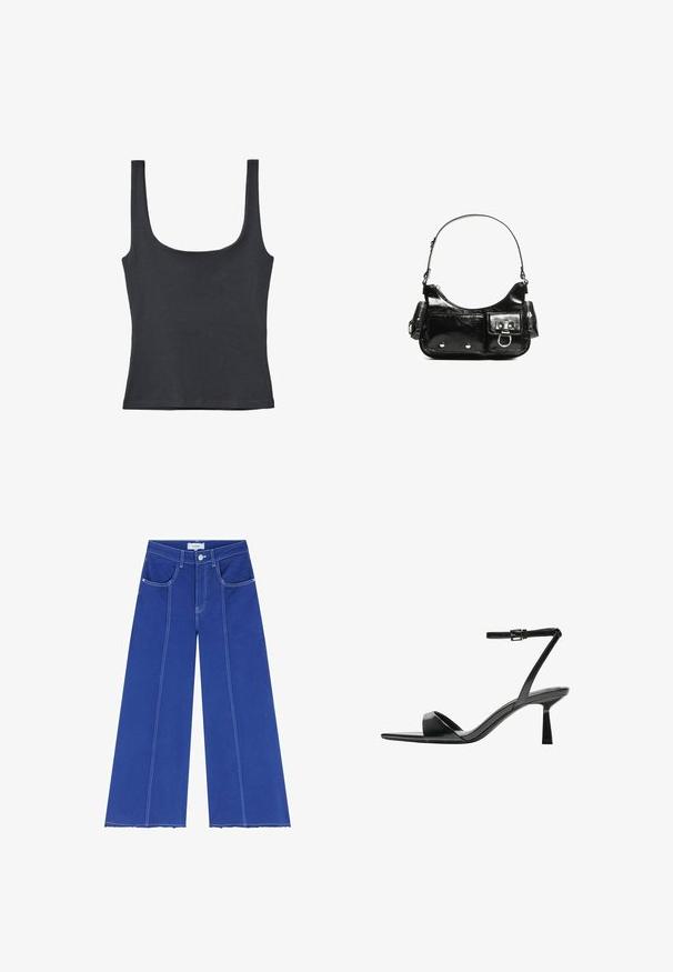 Sort tanktop lavet af en blød bomuldsblanding, med en rund halsudskæring og brede stropper, i en tætsiddende design uden synlige mønstre.; Scalpers STITCHING - Flared jeans - blue; Bershka Højhælede sandaletter / Højhælede sandaler - black; Sort patenteret læder håndtaske med en buet form, en skulderrem, frontlommer og hardware accenter i sølvfarve.