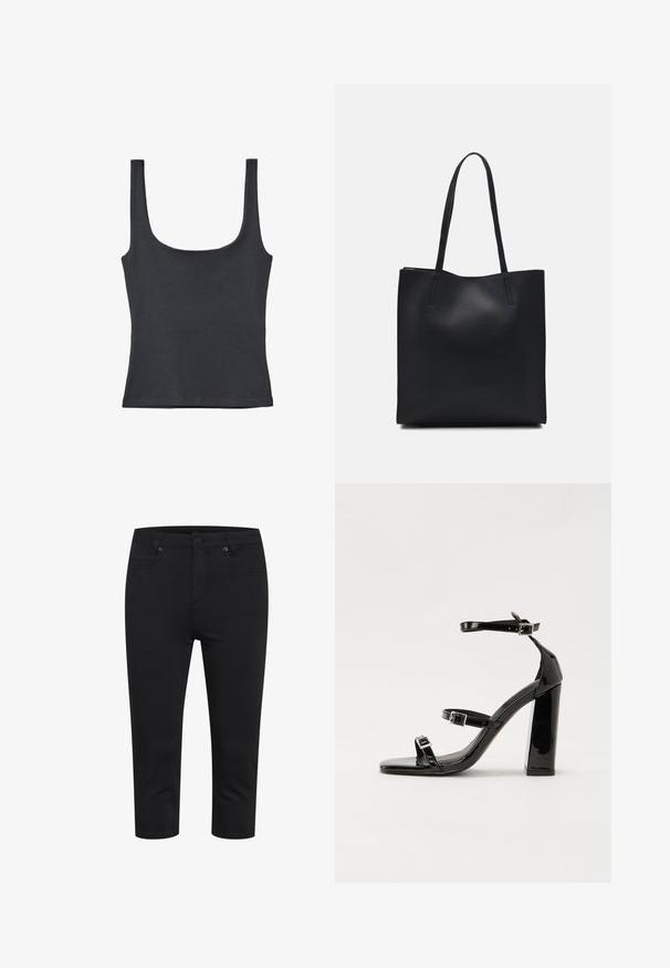 Black tank top made from a soft cotton blend, featuring a scoop neckline and wide straps, with a fitted design and no visible patterns.; Black cropped slim-fit pants with front button, zipper closure, and front and back pockets, displayed on white background.; Black patent heeled sandals with a square toe, ankle straps, and silver buckles. Features a chunky block heel for stability.; Black leather tote bag with smooth texture, rectangular shape, and two long handles. No visible hardware or embellishments.