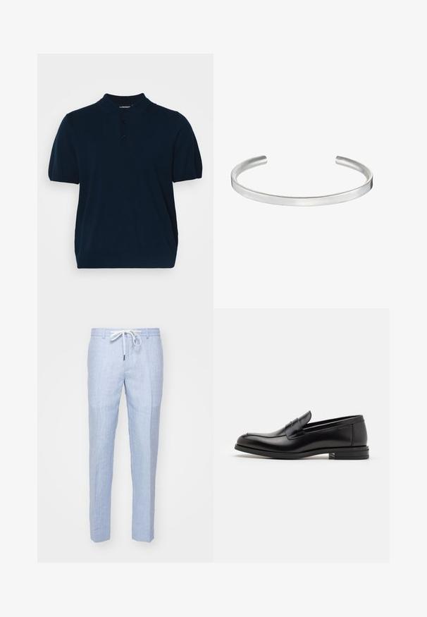 Navy blue polo shirt made of knitted fabric, featuring a classic collar, short sleeves, and three button placket with smooth texture.; Light blue linen trousers with a straight fit, featuring a drawstring waist and a smooth texture. No visible pockets or decorative elements.; Black leather loafers with a smooth texture, rounded toe, and a decorative strap across the vamp. Low stacked heel, minimalist design.; Silver metal cuff bracelet with a smooth, matte finish. Features an open design with rounded edges, allowing for adjustable sizing.