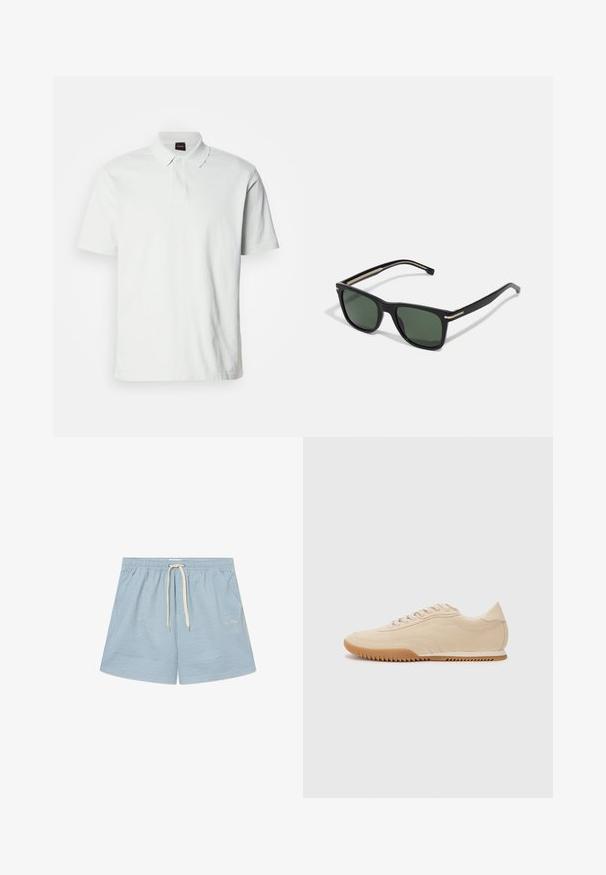 Fehér pólóing, amely pamutból készült, klasszikus gallérral, két gombbal és diszkrét márkalogóval az elején. Rövid ujjú.; Csíkos kék úszónadrág rugalmas derékkal és fehér zsinórral. Könnyű anyagból készült, az alsó bal oldalon pedig diszkrét logó található.; Beige velúr sportcipők letisztult dizájnnal, textúrázott felsőrésszel, kerek orral és zig-zag mintázattal ellátott gumitalppal.; BOSS Napszemüvegek - black