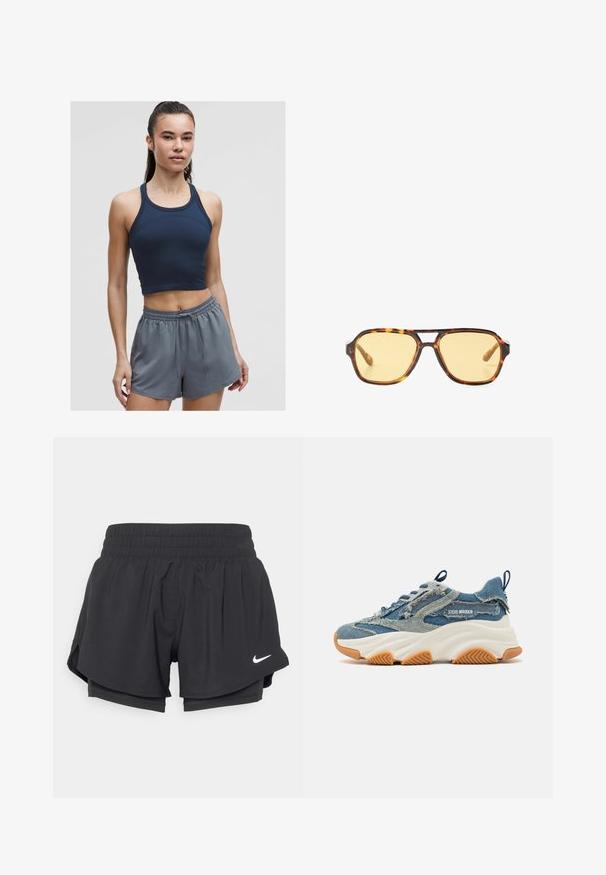 Marineblauwe geribbelde sportcrop top met dunne bandjes, gecombineerd met lichtgrijze shorts met elastische tailleband, voorzien van een relaxte pasvorm en een trekkoord.; Zwarte sportshorts met een elastische tailleband, binnenvoering en zijsplitten. Voorzien van een wit Nike-logo aan de voorkant links.; Denim sneaker met een gelaagd blauw ontwerp, versleten accenten, een witte chunky zool en een rubberen bruine buitenzool voor grip.; Schildpadzonnebril met een geometrisch ontwerp, gele lenzen en metalen accenten op de pootjes. Brede rand en matte textuur.