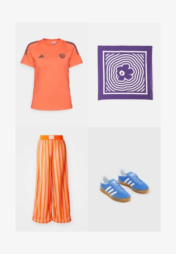 Oranges Sport-T-Shirt mit kurzen Ärmeln, mit navyfarbenen Streifen an den Schultern und einem gestickten Logo auf der Vorderseite, aus leichtem Material gefertigt.; Weite Hosen mit einem Zickzackmuster in lebendigen Schattierungen von Orange und Pink, mit einem elastischen Taillenbund und einem Logostick auf der Rückseite.; Blaue Wildleder-Sportschuhe mit weißen Streifenakzenten, Gummisohle und gepolsterter Kragen für Komfort. Verfügt über ein klassisches Schnürdesign.; Lila quadratisches Tuch mit einem weißen Blumendesign in der Mitte, umgeben von konzentrischen Wellenmustern. Glatte Stoffstruktur.