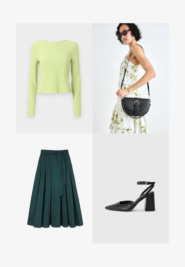 Langärmliges Cropped-Top aus strukturiertem, hellgrünem Stoff mit einem Bootsausschnitt und leicht taillierter Silhouette. Keine sichtbaren Muster oder Akzente.; Türkisfarbene Midi-Rock aus glattem Stoff, mit Falten, einem Taillenbund mit Gürtelschlaufen und einem gebundenen Gürtel. Der Saum ist gerade mit Nähdetails.; Schwarze Leder-Pumps mit spitzer Zehe, einem Knöchelriemen und einem blockigen Absatz. Flache Textur, elegantes Design und minimalistische Ästhetik.; Schwarze Lederhandtasche mit geschwungener Form, abnehmbarem Tragegurt und goldenen Beschlägen. Die Tasche verfügt über einen Deckel mit einer Schnallen-Details.