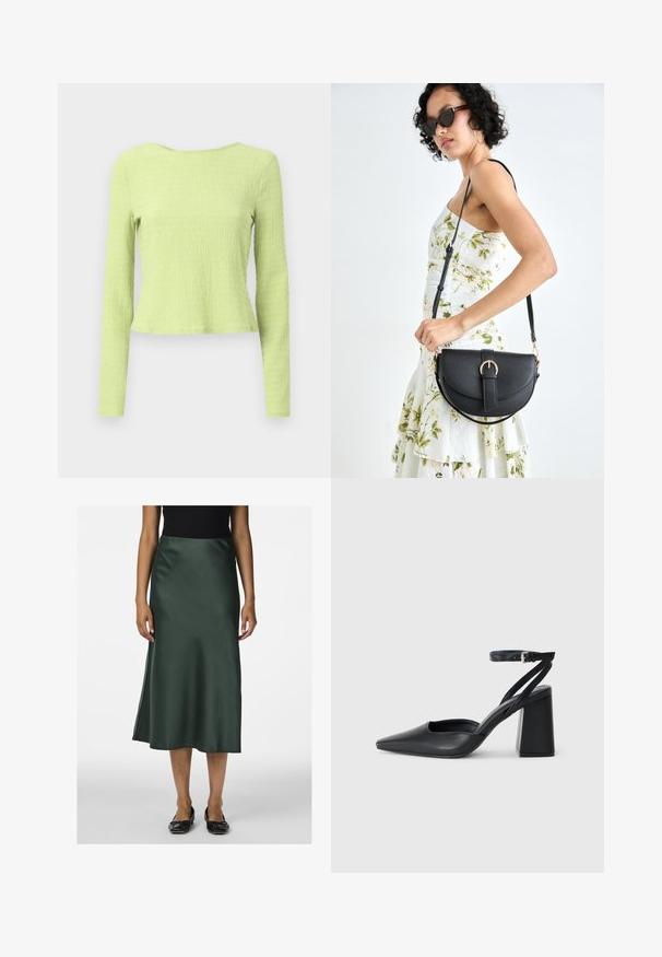 Dlouhý rukáv, zkrácený top z texturované světle zelené látky s lodním výstřihem a lehce přiléhavým střihem. Žádné viditelné vzory ani akcenty.; Saténová zelená midi sukně s hladkým povrchem, mírně rozšířeným lemem a bočním rozparkem, spárovaná s černými plochými botami.; Černé kožené lodičky se špičatou špičkou, kotníkovým páskem a silným podpatkem. Hladká textura, elegantní design a minimalistická estetika.; Černá kožená kabelka s křivkovým tvarem, odnímatelným popruhem a zlatými detaily. Kabelka má klopu s přezkou.
