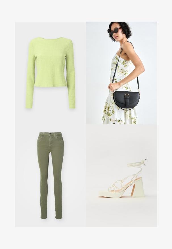 Langermet cropped topp i teksturert lys grønn stoff med båtutringning og en lett tilpasset silhuett. Ingen synlige mønstre eller aksenter.; Olivengrønne slim-fit jeans lavet af blød bomuldsblanding, med to frontlommer, knaplukning og en glat, tekstureret finish.; Hvit høyhælte sandal med kraftig hæl, med en stroppe-design og ankelbånd. Glatt tekstur med plattform foran for ekstra høyde.; Svart lærveske med en buet form, avtagbar stropp og gullbeslag. Vesken har et klaff med spenne-detall.
