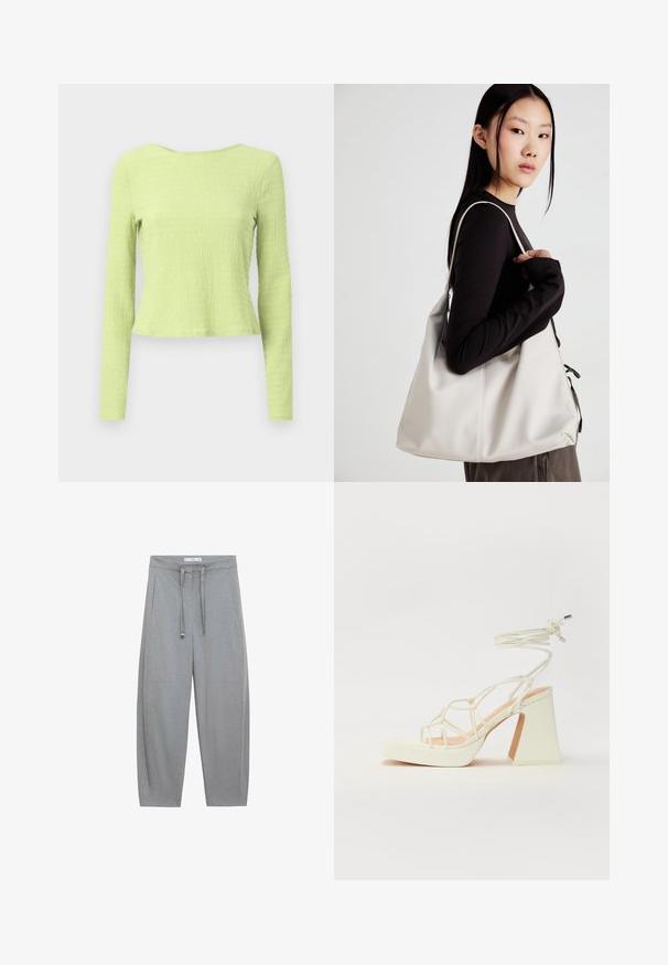 Langærmet cropped top i struktureret lysegrøn stof med bådudskæring og let tætsiddende silhuet. Ingen synlige mønstre eller detaljer.; Grå, vidde bukser med et struktureret stof, snore i livet og to forlommer; skræddersyet design med en minimalistisk stil.; Hvide højhælede sandaler med en kraftig hæl, der har et stropdesign og ankelbinding. Glat tekstur med en platform foran for ekstra højde.; Beige håndtaske lavet af blødt materiale med et slouchy design, stikninger og to skulderremme. Velegnet til daglig brug.