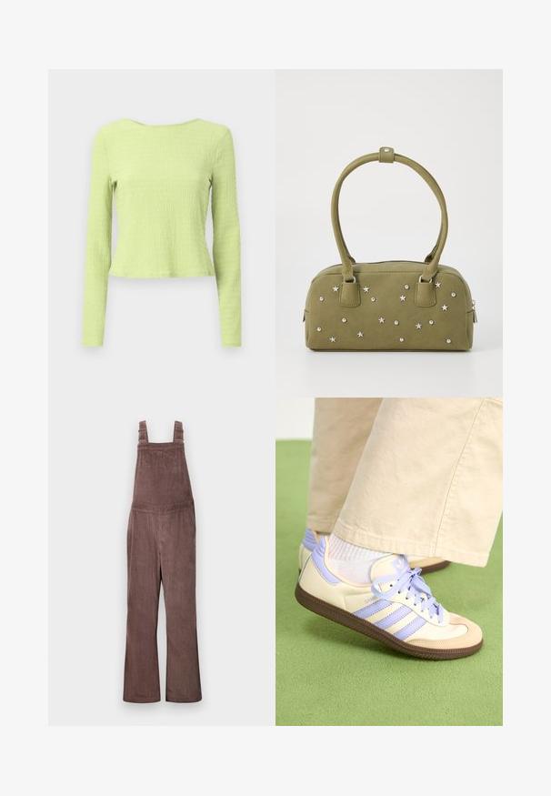 Long-sleeve cropped top in textured light green fabric with a boat neckline and slightly fitted silhouette. No visible patterns or accents.; Brown corduroy overalls with adjustable straps, wide legs, and vertical ribbing texture. Features side pockets and a relaxed fit.; Cream and lavender sneakers with three stripes and a textured brown sole, featuring laces and a padded heel. Soft fabric upper.; Olive green faux suede handbag with silver star and stud embellishments. Features two short handles and a zip closure at the top.
