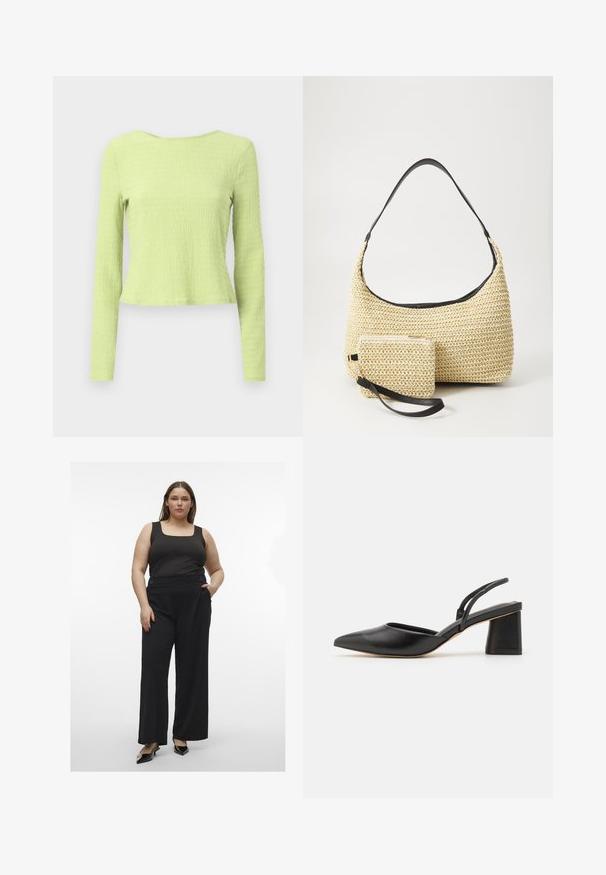 Long-sleeve cropped top in textured light green fabric with a boat neckline and slightly fitted silhouette. No visible patterns or accents.; Black tank top paired with wide-leg black trousers featuring buttons. The outfit has a smooth texture and a modern, fitted silhouette.; Black pointed-toe slingback shoe made of smooth leather, featuring a low block heel and thin straps at the back for secure fit.; Woven straw handbag with a curved silhouette, featuring a smooth black leather strap and a matching small pouch attached by a wrist strap.