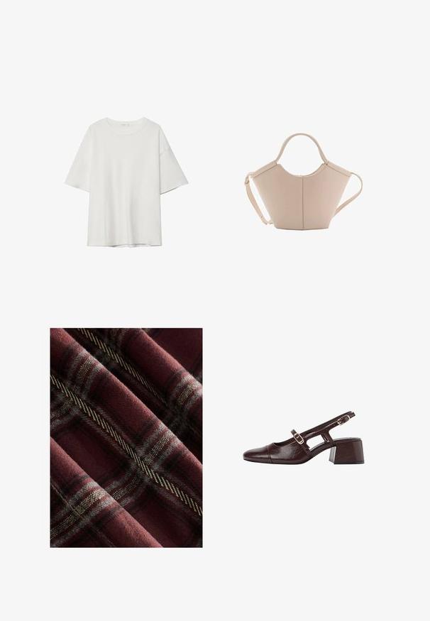 Biała koszulka z krótkim rękawem z okrągłym dekoltem i luźnym krojem. Wykonana z gładkiego materiału bez widocznych wzorów lub akcentów.; Tkanina w kratę w kolorze burgundowym i szarym, o miękkiej strukturze z wyraźnymi czarnymi i kremowymi liniami oraz tkanym wzorem w całej powierzchni.; Brązowe skórzane szpilki z odkrytym piętą, kwadratowym noskiem, wyciętymi bokami i słupkowym obcasem. Posiadają klamrę na pasku wokół kostki.; Beżowa skórzana torebka o unikalnym kształcie, z dwoma krótkimi uchwytami i długim, regulowanym paskiem. Gładka tekstura z minimalną ilością elementów metalowych.