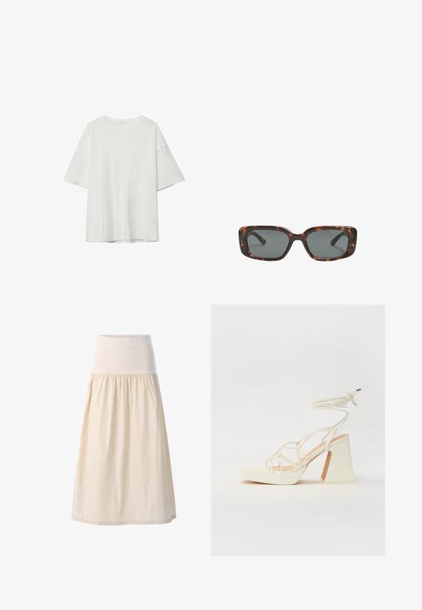 Bijela majica kratkih rukava s okruglim izrezom i slobodnim krojem. Izrađena od glatkog materijala bez vidljivih uzoraka ili naglasaka.; Bežska suknja srednje dužine s širokim elastičnim pojasom i naboranom, lepršavom tkaninom. Glatka tekstura s mekim, laganim izgledom.; Bijela sandala na visokoj potpetici s debelim petom, s remenom i vezanjem oko gležnja. Glatka tekstura s platformom sprijeda za dodatnu visinu.; Smešane sunčane naočale s pravokutnim lećama, debelim okvirom i tamnim lećama. Glatka tekstura i minimalistički dizajn.