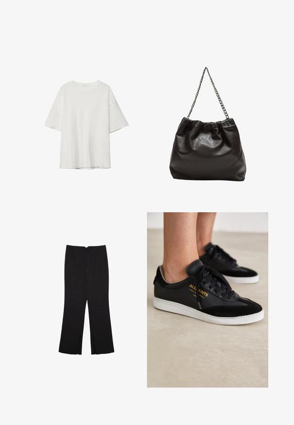 Bijela majica kratkih rukava s okruglim izrezom i slobodnim krojem. Izrađena od glatkog materijala bez vidljivih uzoraka ili naglasaka.; Crne hlače ravnog kroja, s prednjim džepovima i bočnim prorezima na rubu. Izrađene od mekog i glatkog materijala. Pogodne za razne prigode.; Crne kožne i nubuk tenisice s bijelim gumenim potplatima. Sadrže tonirane vezice i zlatni logo na strani. Ravni dizajn.; Smeđa kožna torba s naboranim vrhom i lančićem za nošenje. Glatka tekstura s sjajnim završetkom i suptilnim šavnim detaljima sa strane.