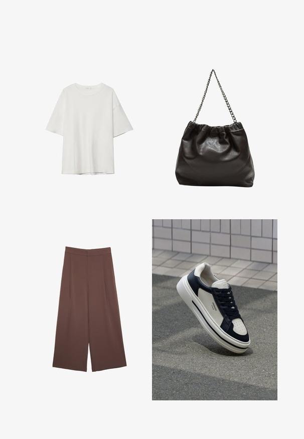 T-shirt bianco a maniche corte con scollatura rotonda e vestibilità ampia. Realizzato in tessuto morbido senza pattern o dettagli visibili.; Pantaloni ampi marroni con una texture liscia, caratterizzati da una vita alta e pieghe frontali. Il tessuto è leggero e scorre liberamente.; Sneakers in pelle bianchi e blu navy con punta perforata, lacci e suola in gomma testurizzata, dotati di branding sul lato.; Borsa in pelle marrone con parte superiore arricciata e tracolla a catena. Texture liscia con finitura lucida e dettagli di cucitura sottili sui lati.