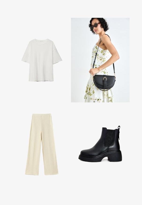Bílý krátký rukáv tričko s kulatým výstřihem a volným střihem. Vyrobeno z hladkého materiálu bez viditelných vzorů nebo akcentů.; Kalhoty s širokými nohavicemi z texturované smetanové tkaniny. Design obsahuje vaflový vzor s vysokým pasem a nohavicemi v plné délce.; Černé kožené kotníkové boty s elastickými bočními panely, kulatou špičkou, mohutnou texturovanou podrážkou a poutkem na zadní straně pro snadné obouvání.; Černá kožená kabelka s křivkovým tvarem, odnímatelným popruhem a zlatými detaily. Kabelka má klopu s přezkou.