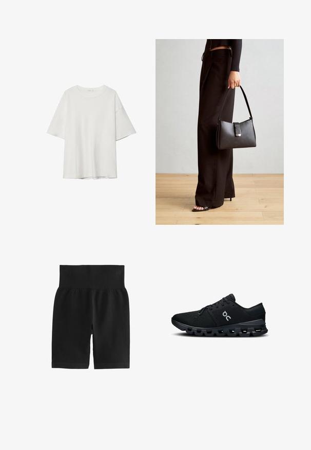 Bela majica s kratkimi rokavi z okroglim ovratnikom in ohlapnim krojem. Narejena iz gladkega materiala brez vidnih vzorcev ali dodatkov.; Črne rebraste kratke hlače z širokim elastičnim pasom, gladko teksturo in prilegajočim dizajnom. Material je raztegljiv za lažje gibanje.; Črne športne čevlje z zračnim mrežastim zgornjim delom, eleganten dizajn in oblazinjeno podplat, ki ima edinstven, segmentiran vzorec.; Črna torbica z strukturirano obliko, gladko teksturo in kovinskim zaponko. Ujemajo se z širokimi črnimi hlačami in odprtimi sandali na lesenem tleh.