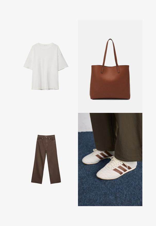 White short-sleeve t-shirt featuring a round neckline and loose fit. Made of smooth fabric with no visible patterns or accents.; Wide-leg brown jeans made of denim, featuring a high waist, front pockets, and a classic button closure. Smooth texture with subtle stitching.; White sneakers with brown stripes worn with brown pants on blue carpeted floor.; Brown leather tote bag with a smooth texture, open top design, and two shoulder straps. Features minimal stitching and no visible hardware.
