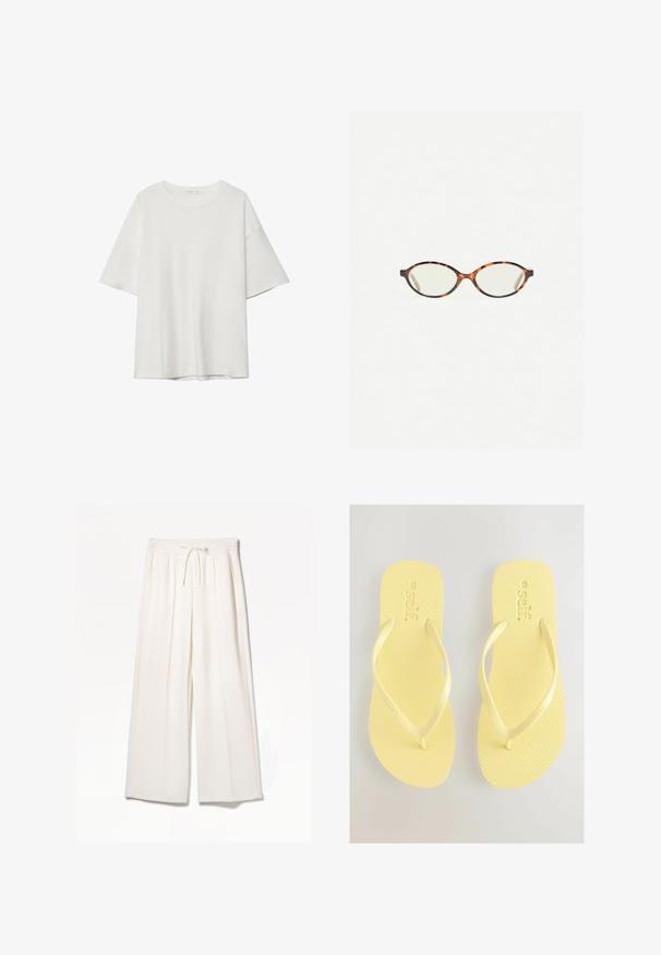 Valkoinen lyhythihainen t-paita, jossa on pyöreä pääntie ja löysä istuvuus. Valmistettu sileästä kankaasta ilman näkyviä kuvioita tai koristeluja.; Valkoiset leveälahkeiset housut, jotka on valmistettu kevyestä kankaasta ja joissa on joustava vyötärö, nyöritys sekä sivutaskut ilman näkyviä kuvioita.; Keltaiset flip-flopit, joissa on tekstuuripintainen pohja ja ohuet hihnat. Brändinimi "self." on kohokuvioitu yläpinnalle. Yksinkertainen muotoilu ja pehmeä materiaali.; Kilpikonnakuosiset silmälasit, joissa on soikeat linssit ja tyylikäs, sileä pinta. Ominaisuudet: ohuet sivut, joissa on hienovarainen kaari temppeleissä. Kirkkaat linssit.