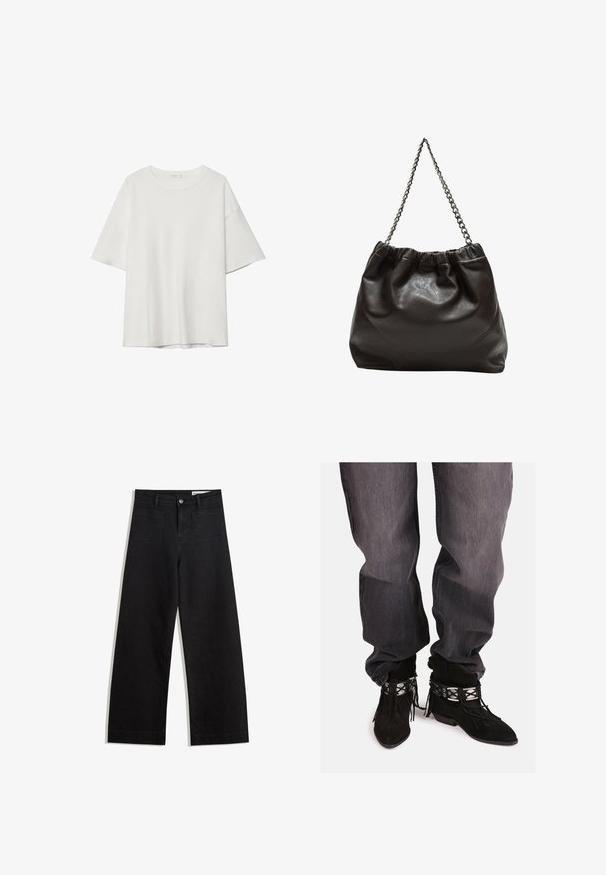 Bela majica s kratkimi rokavi z okroglim ovratnikom in ohlapnim krojem. Narejena iz gladkega materiala brez vidnih vzorcev ali dodatkov.; Črne široke denim hlače z visokim pasom, ki imajo sprednje in zadnje žepe, šivane šive ter gumbasto zapiranje. Gladka tekstura.; Črne suede gležnjarje z frufru detajli, srebrnimi dekorativnimi akcenti in koničastim nosom, v kombinaciji z ohlapnimi sivimi jeansi.; Rjava usnjena torba z nabranim vrhom in verižnim trakom. Gladka tekstura z sijajno površino in subtilnimi šivi na straneh.