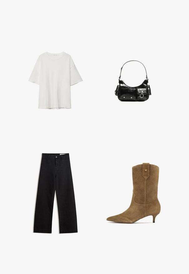 Bijela majica kratkih rukava s okruglim izrezom i slobodnim krojem. Izrađena od glatkog materijala bez vidljivih uzoraka ili naglasaka.; Crne široke traperice s visokim strukom, s prednjim i stražnjim džepovima, šivenim šavovima i kopčanjem na gumb. Glatka tekstura.; Smešani smeđi antilop čizme do gležnja s uskim vrhom i niskom kitten petom. Ima dekorativne šavove i trakicu na stražnjoj strani za lakše obuvanje.; Crna patentna kožna torba s zakrivljenim oblikom, jednim remenom za rame, prednjim džepovima i akcentima od srebrnog tona.