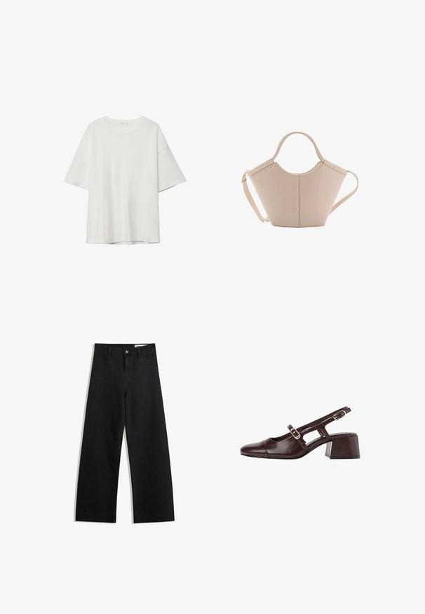 Bijela majica kratkih rukava s okruglim izrezom i slobodnim krojem. Izrađena od glatkog materijala bez vidljivih uzoraka ili naglasaka.; Crne široke traperice s visokim strukom, s prednjim i stražnjim džepovima, šivenim šavovima i kopčanjem na gumb. Glatka tekstura.; Smeđe kožne sandale s petom, s kvadratnom nožnom špicom, izrezanim stranama i blok petom. Imaju kopču na remenu oko gležnja.; Bež kožna torba jedinstvenog oblika, s dva kratka ručka i dugom podesivom trakom. Glatka tekstura s minimalnim metalnim dodacima.