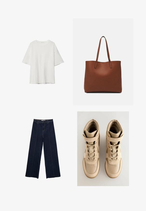 Valkoinen lyhythihainen t-paita, jossa on pyöreä pääntie ja löysä istuvuus. Valmistettu sileästä kankaasta ilman näkyviä kuvioita tai koristeluja.; Tumma farkut, joissa on leveät lahkeet, kontrastivärinen ommel, korkea vyötärö ja suora leikkaus. Ominaisuuksiin kuuluvat etutaskut ja klassinen nappikiinnitys.; Beiget korkeavartiset tennarit, joissa on teksturoitu mokka- ja nahkapinta. Kenkien ominaisuuksiin kuuluvat nauhakiinnitys, tarranauha ja kumipohja.; Ruskea nahkainen olkalaukku, jossa on sileä pinta, avoin yläosa ja kaksi olkahihnaa. Omaavat vain minimaalisen ompelun eikä näkyvää metalliosaa.