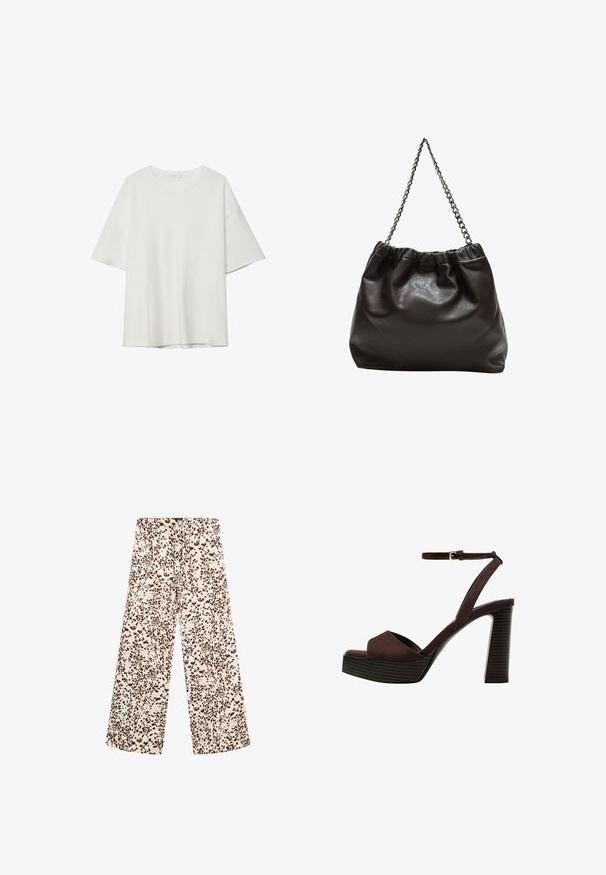 T-shirt blanc à manches courtes avec un col rond et une coupe décontractée. Fait en tissu lisse sans motifs ou accents visibles.; Pantalons larges en tissu crème clair avec un motif de taches brunes. Présentent une taille à cordon de serrage et une texture lisse et douce.; Sandale à talons hauts en suede marron avec un bout ouvert, une bride de cheville réglable et une semelle de plateforme rayée.; Sac en cuir marron avec un haut froncé et une bandoulière en chaîne. Texture lisse avec une finition brillante et des coutures subtiles sur les côtés.