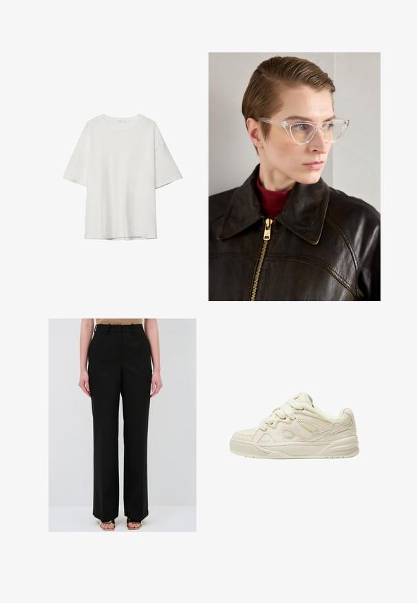 Witte korte mouwen t-shirt met een ronde halslijn en een losse pasvorm. Gemaakt van een soepele stof zonder zichtbare patronen of accenten.; Zwarte op maat gemaakte broek met een hoge taille, rechte pijpen en subtiele plooi-details. G gedragen met een beige gebreide top en gouden sandalen.; Beige sneakers met een gestructureerd bovenwerk, opvallende veters, meshpanelen en een dikke zool. Gebogen ontwerp met een gepolsterde kraag voor comfort.; Heldere acetaat kattenoorbril met gele getinte lenzen, gedragen door een persoon in een donkere leren jas en een rode coltrui. Gladde textuur.; Zwarte leren tote bag met een zachte, slappe vormgeving, brede hengsels en een gladde textuur. Geen zichtbare hardware of versieringen.
