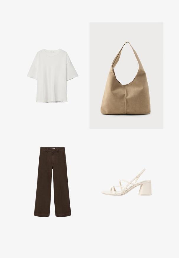 Vitt kortärmat t-shirt med rund halsringning och lös passform. Tillverkad av ett mjukt tyg utan synliga mönster eller dekorationer.; Bruna vida byxor i bomullstyg. Har hög midja, dragkedja och subtila sömmar fram. Inga synliga fickor.; Beiga klacksandaler med smala, korslagda remmar, öppen tå och en fyrkantig klack. Slät lackfinish, justerbar vristrem.; Hobo-väska i mjuk beige mocka med en avslappnad form, bred axelrem och handsydd sömdetalj längs framsidan.