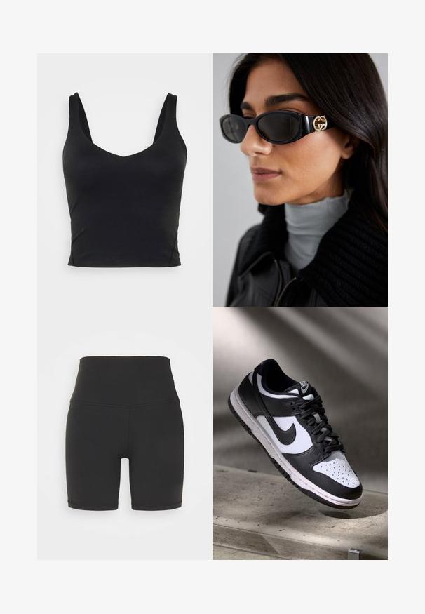 Juodas be rankovių trumpas viršus su giliu V formos iškirpimu, pagamintas iš glotnaus, elastingo audinio. Yra švarus kraštas ir jokių matomų raštų ar akcentų.; Aukšto liemens juodos sportinės šortai, pagaminti iš tamprių medžiagų, turintys lygią tekstūrą, trumpą ilgį ir tvirtą siuvimo detales.; Juoda ir balta Nike Dunk Low sportbačiai su odiniu viršumi, perforuotu pirštų dėklu ir juodomis raištelėmis, turintys baltą padą ir logotipo akcentus.; Juodos saulės akinius, turinčius elegantišką stačiakampį rėmą su auksiniu logotipo akcentu šone. Tamsūs lęšiai ir blizgus paviršius išsiskiria.