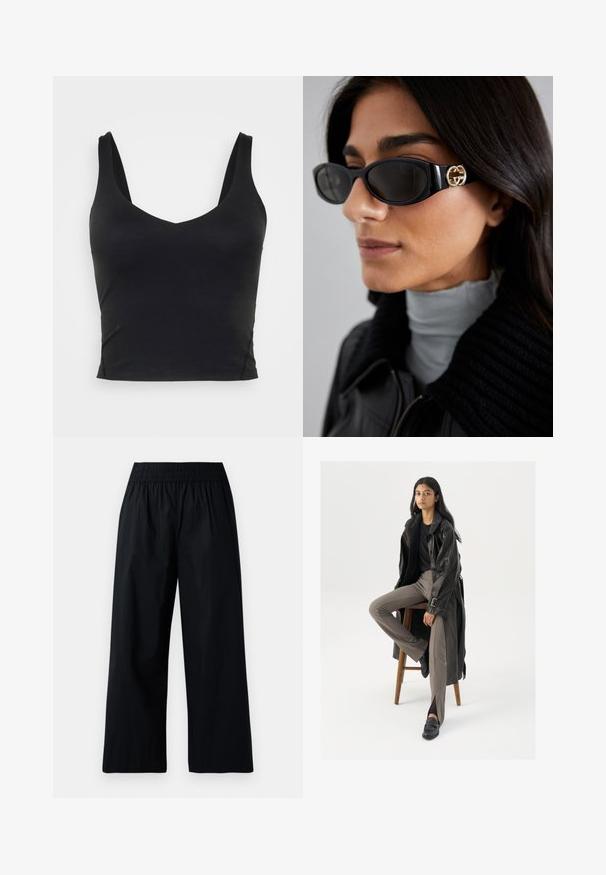 Crop top negru fără mâneci, cu un decolteu adânc în V, realizat dintr-un material neted și elastic. Are un tiv curat și fără modele sau accente vizibile.; Pantaloni negri cu croială largă, cu un brâu elastic, confecționați dintr-un material neted și ușor, având o croială relaxată. Fără buzunare sau embellishementuri vizibile.; Palton lung din piele neagră cu butoane și detalii cu brâu, purtat cu pantaloni mulați de culoare maro deschis și mocasini negri, așezat pe un scaun din lemn.; Ochelari de soare negri, cu un cadru rectangular elegant și un accent cu logo auriu pe lateral. Lentile întunecate și finisaj lucios sunt proeminente.