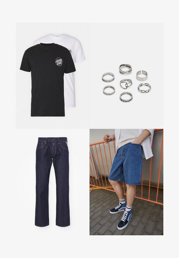 Set van twee t-shirts: één zwart, één wit. Beide hebben korte mouwen en een circulair logo op de borst in contrasterende kleur. Gemaakt van katoen.; Donkerblauwe denim jeans met een recht model. Kenmerken zijn een knoopsluiting, vijf zakken en contrasterende stiksels.; Denim korte broek in blauw, knielang met een voorkantzak. Combinatie met marineblauwe en blauwe hoge sneakers, met witte veters en gestreepte sokken.; Set van zeven zilveren ringen met verschillende ontwerpen, waaronder gedraaide, verbonden en gegraveerde patronen. Verschillende vormen en breedtes.