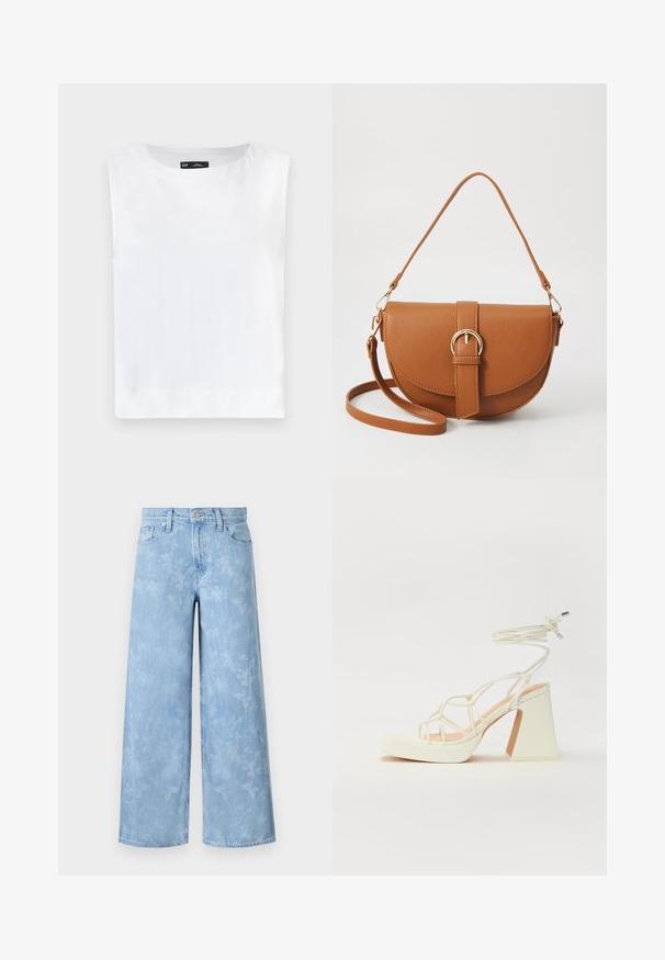 Top sans manches blanc avec un col rond, fabriqué en tissu doux. Ourlet droit sans motifs ni embellissements visibles.; Jean large bleu clair, avec un motif floral décoloré, cinq poches et une fermeture à bouton à la taille. Tissu en denim avec une légère texture.; Sandale blanche à talons hauts avec un talon épais, présentant un design à lanières et un lien autour de la cheville. Texture lisse avec une plateforme à l'avant pour une hauteur supplémentaire.; Sac bandoulière en cuir marron avec une forme incurvée, quincaillerie dorée et un accent en boucle. Comprend une bandoulière détachable.