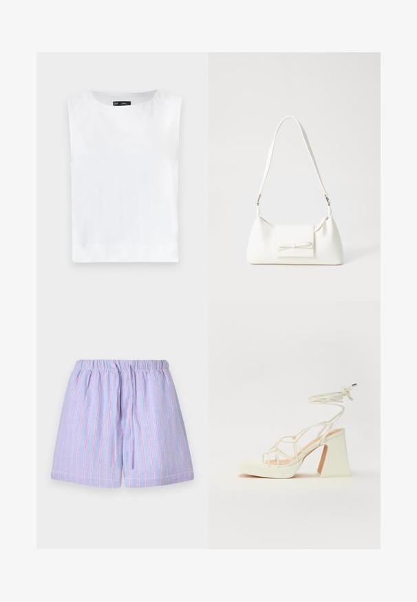 Top sans manches blanc avec un col rond, fabriqué en tissu doux. Ourlet droit sans motifs ni embellissements visibles.; Shorts violet clair avec des rayures verticales roses, dotés d'une taille élastique et d'un cordon de serrage. Fabriqués en tissu doux avec une coupe décontractée.; Sandale blanche à talons hauts avec un talon épais, présentant un design à lanières et un lien autour de la cheville. Texture lisse avec une plateforme à l'avant pour une hauteur supplémentaire.; Sac à main synthétique blanc en forme triangulaire, avec un rabat avant plat et un détail en nœud, une bandoulière ajustable, une texture lisse et un design minimaliste.