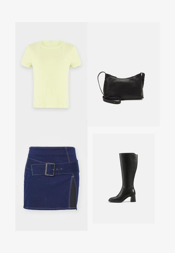 T-shirt amarelo néon de manga curta, feito de algodão. Apresenta um decote redondo clássico e uma textura suave e leve.; Saia de ganga azul-marinho com costura branca, apresentando um cinto largo com fivela quadrada e um painel lateral em tecido preto.; Bota preta de couro até ao joelho com um salto quadrado. Textura lisa, design ajustado, detalhe de costura mínima e bico arredondado.; Bolsa de ombro em pele preta com textura suave, forma curva, alça ajustável e fecho com zip. Design minimalista sem adornos.